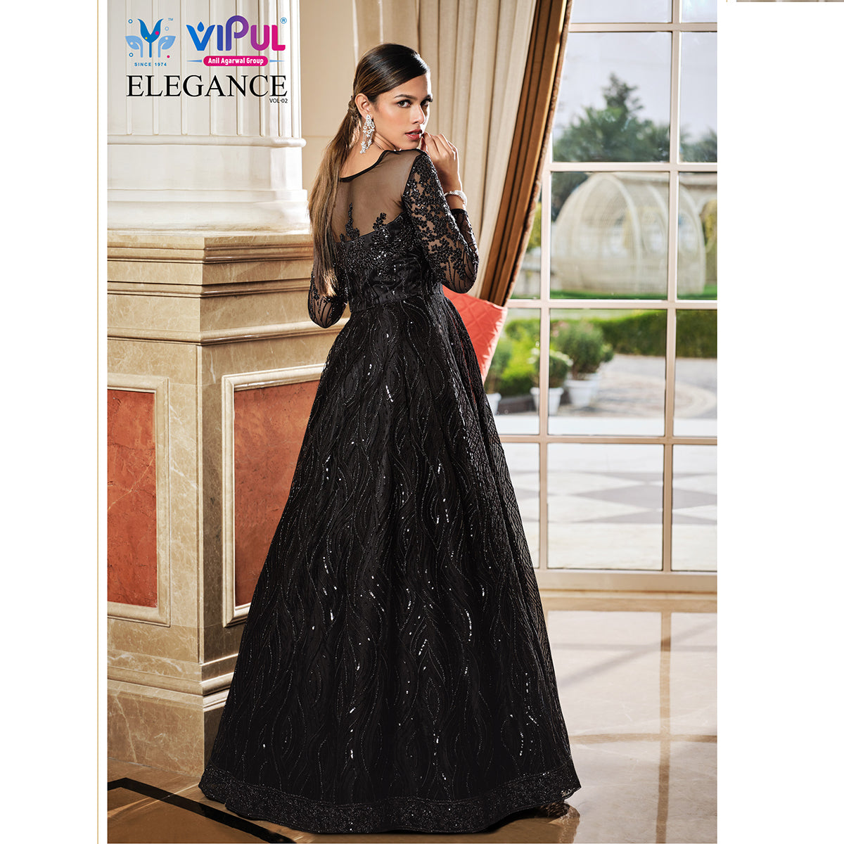 Womens Black Color Full Flared Gown for Wedding Wear